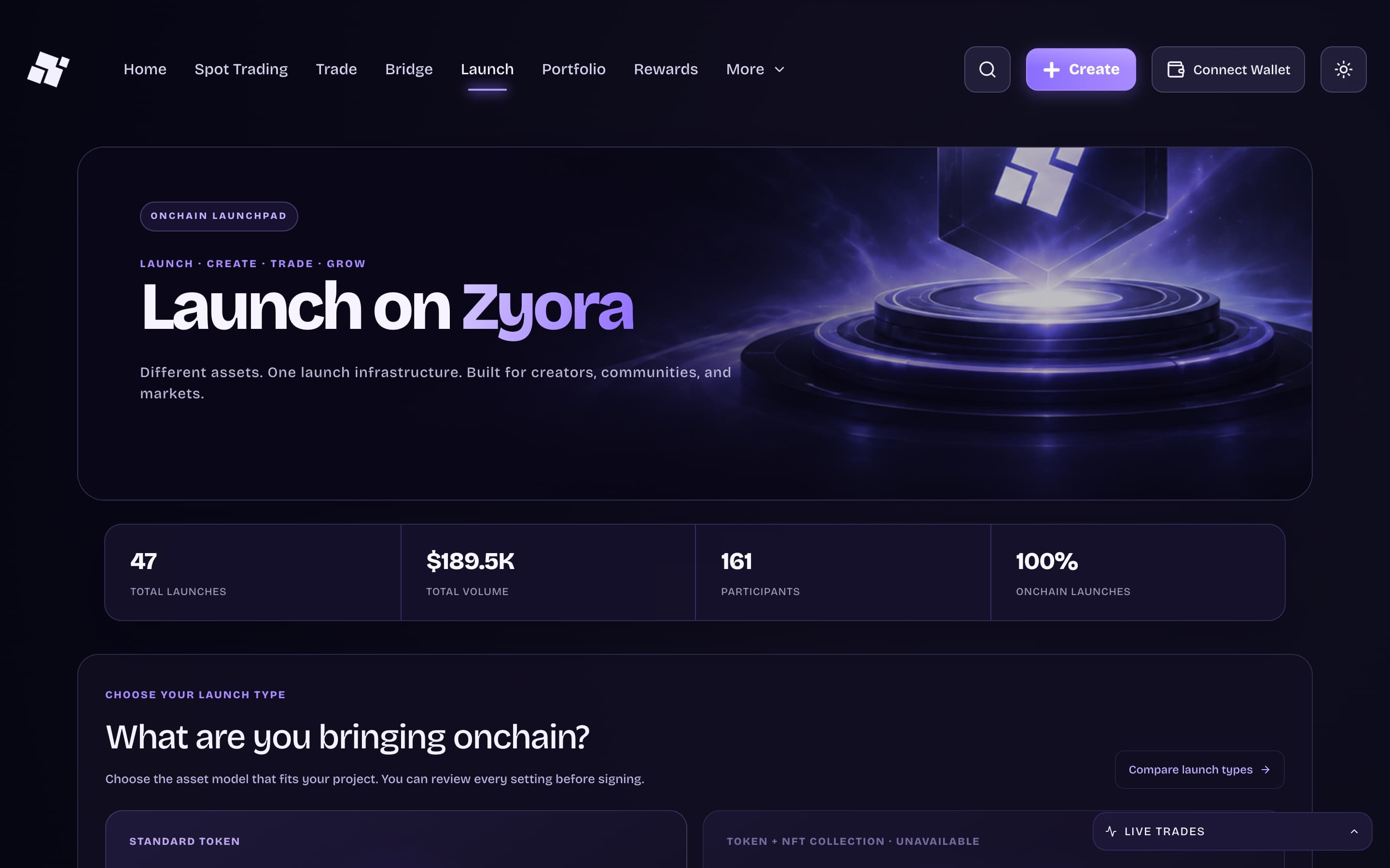Zyora's launch page at zyora.fun in its dark theme: the heading Launch on Zyora beside a glowing launch pad render, a row of launch stats starting with 47 total launches, and the start of the launch type picker.