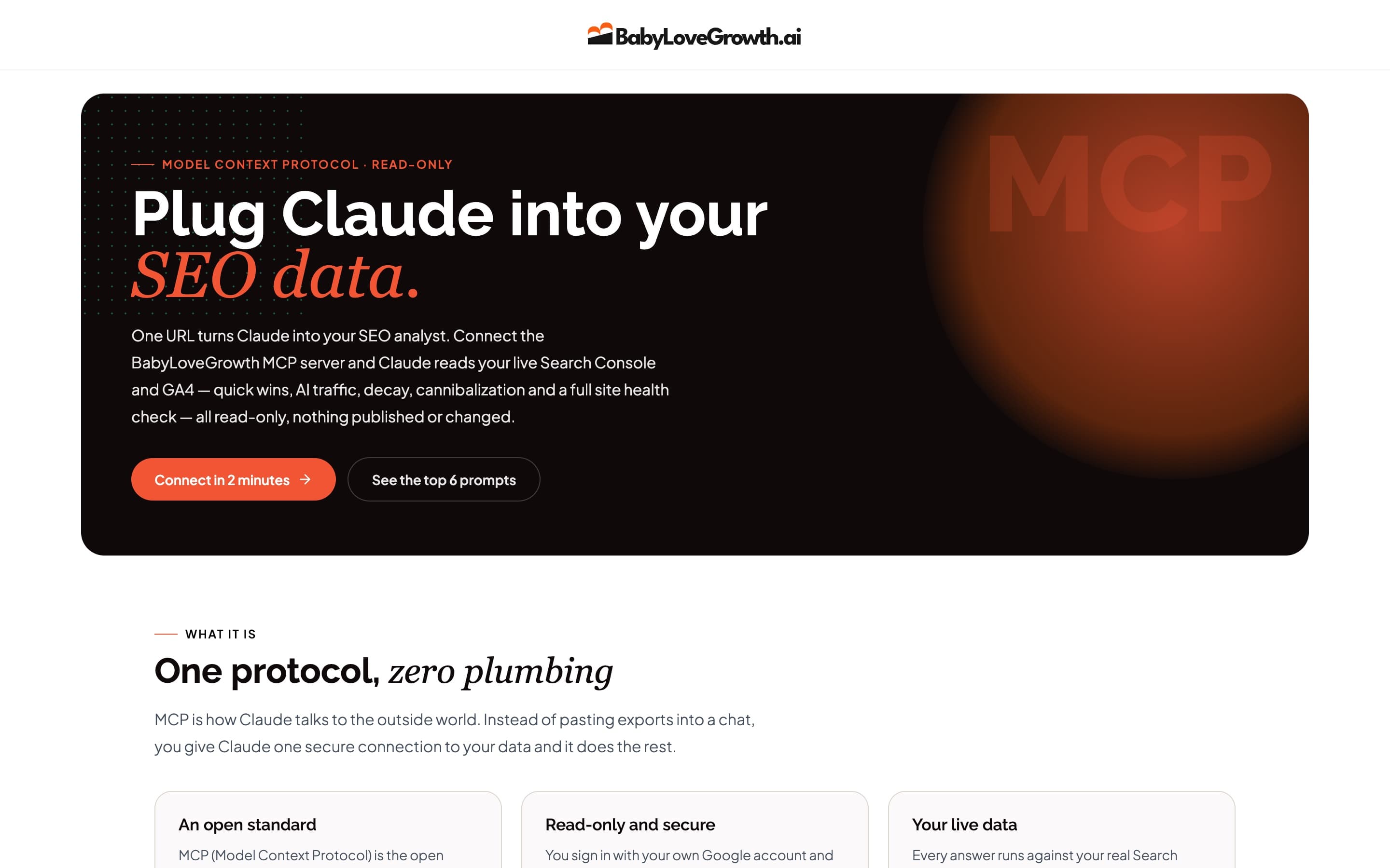 BabyLoveGrowth.ai's MCP page: the heading Plug Claude into your SEO data on a dark banner, with a button to connect and a link to example prompts, above a section titled One protocol, zero plumbing.